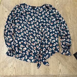 New I.N. Studio Medium Navy Blue‎ Cheetah Print Tie Front Top Blouse NWT